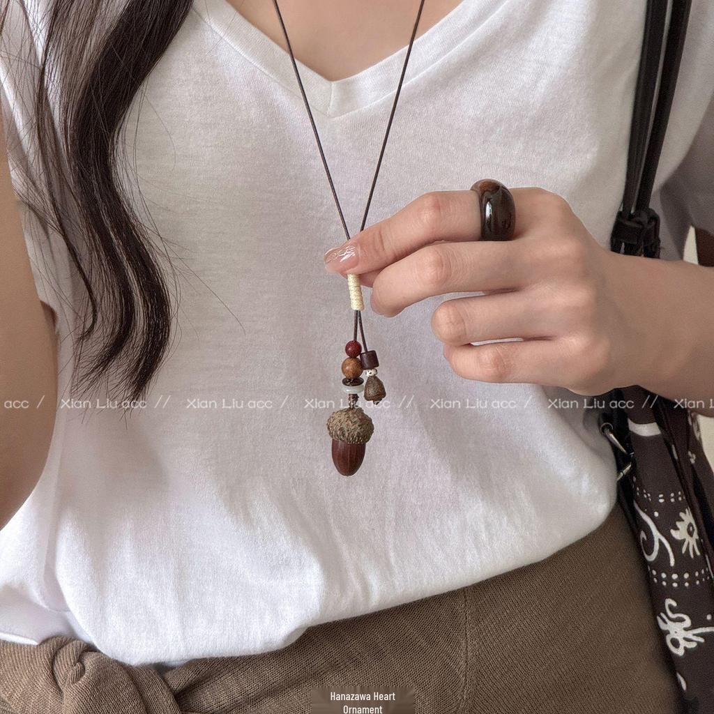 2025 New Retro Ethnic Acorn Pendant Necklace - Women’s Ancient Chinese Style Long Sweater Chain Accessory