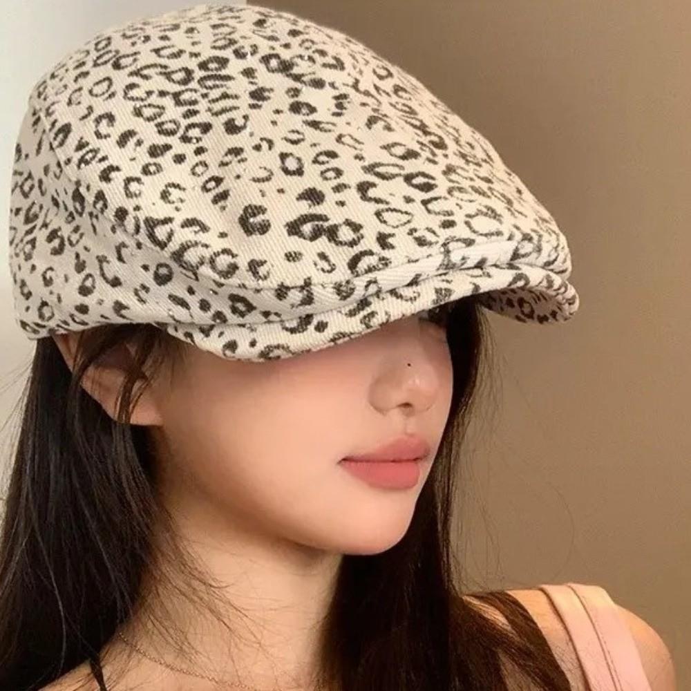 Rhinestone Forward Hat Y2k Leopard Newsboy Cap Cool Painter Cap Outdoor