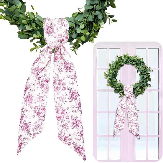 Whaline 2Pcs Green Flower Wreath Sash for Front Door Chinoiserie Floral Garland Ribbon for Holiday Party Home Decor Indoor Outdoor