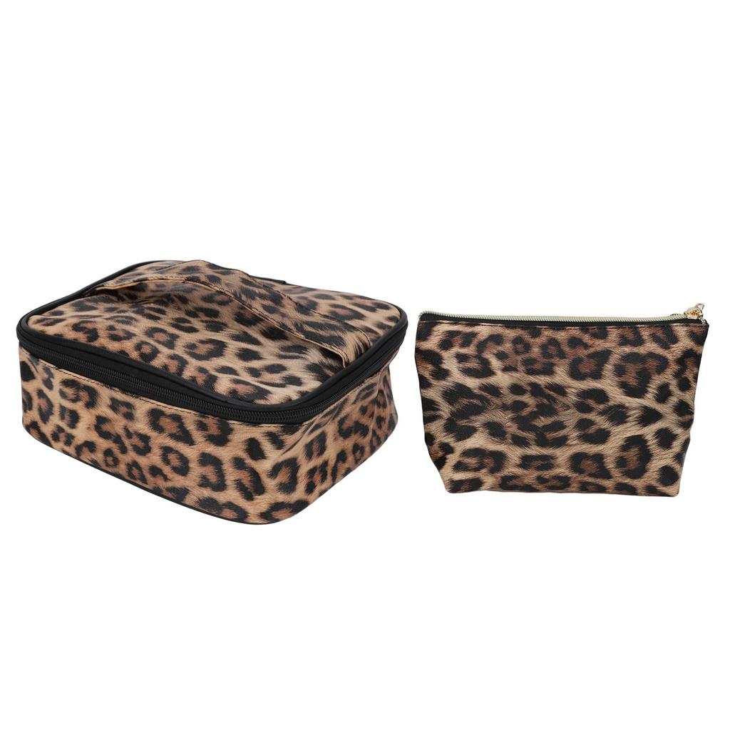 2pcs Leopard Print Makeup Bag Waterproof Multifunction Large Capacity Leopard Cosmetic Bag