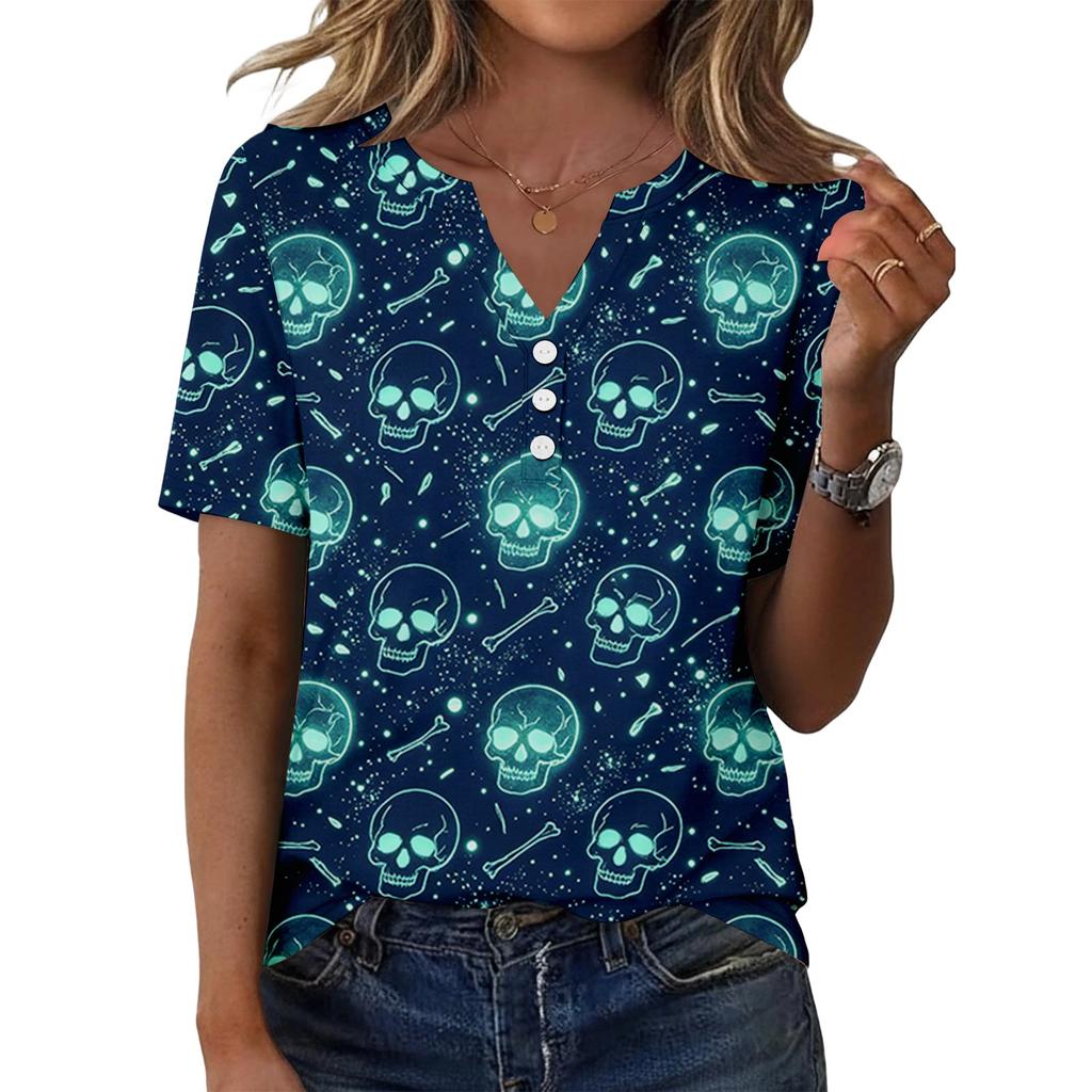 Womens Casual Halloween Print V Neck Short Sleeve Button Front T Shirt Top Lightweight Soft Fabric Comfortable Fit