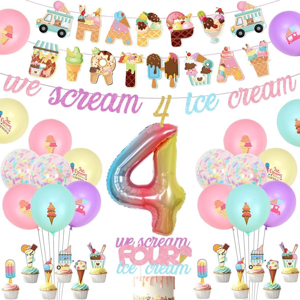 Ice Cream Birthday Party Decorations for 4 Girls Donut 4th Birthday Party Decorations We Scream 4 Ice Cream Banner Cake Topper Cupcake Toppers