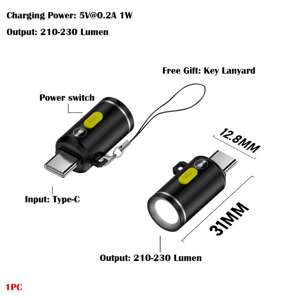 230 High Lumens Type-C Mini Flashlight with Lanyard Portable USB C Emergency Lamp Aluminum Alloy Plug and Play