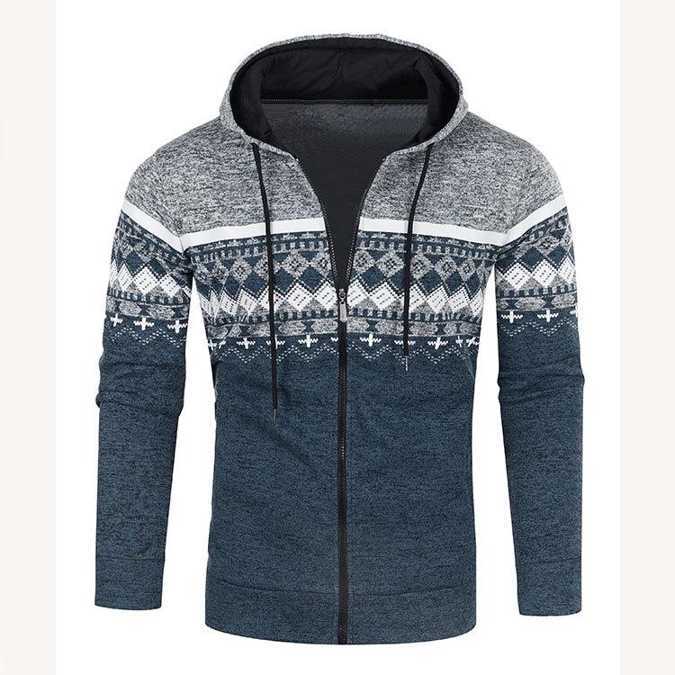 Men's Ethnic Style Hooded Knit Cardigan: Casual, Loose, Slim-Fit, Thin Fleece Sweater with Printed Design