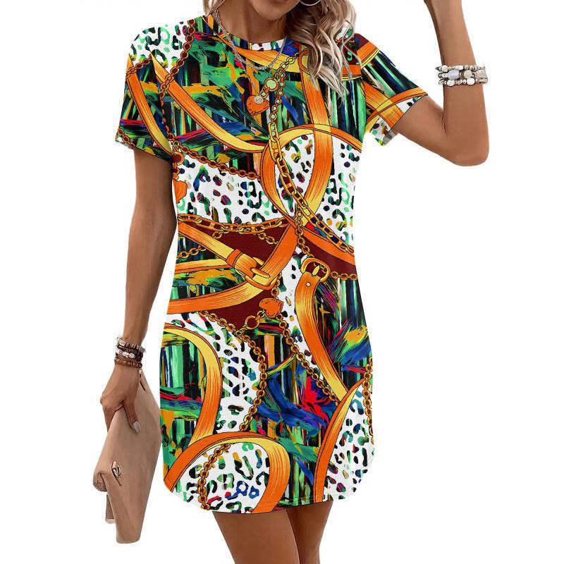 Europe, America 2026 summer new printing abstract pattern color chain design short-sleeved dress