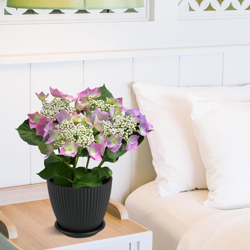 Runde Kunststoff-Blumentöpfe mit Untersetzer für Heim-Pflanzgefäße, Terrasse, Garten usw. | 5er-Pack | Schwarz | Größe 6,5 Zoll