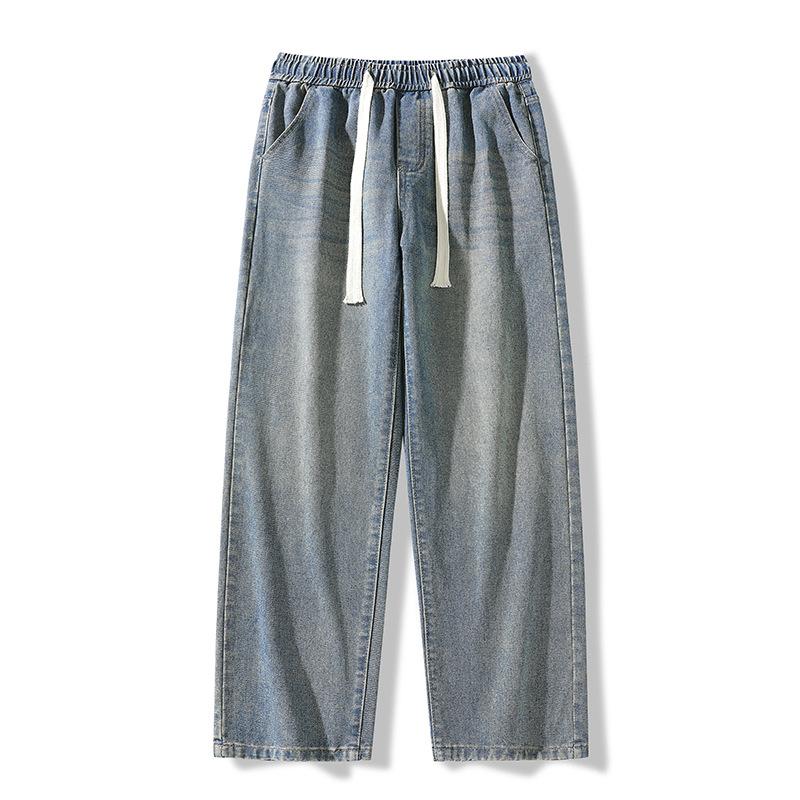 Men's Cotton Vintage cat whiskers Washing Denim Jeans Drawstring Baggy Wide leg Pants Streetwear Sweatpants Track Pants Trousers