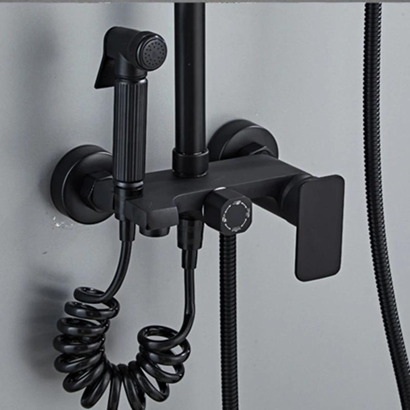 Shower Household Rain Bathroom Shower Set Booster Nozzle Brass Hot And Cold Black Shower Faucet Set Manufacturer Wholesale