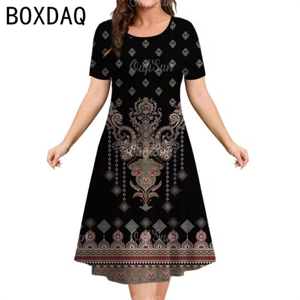 Women's Vintage Bohemian Ethnic Print Dress Summer Big Size Short Sleeve O-Neck Casual Dress Elegant Ladies Mini A-Line Dress
