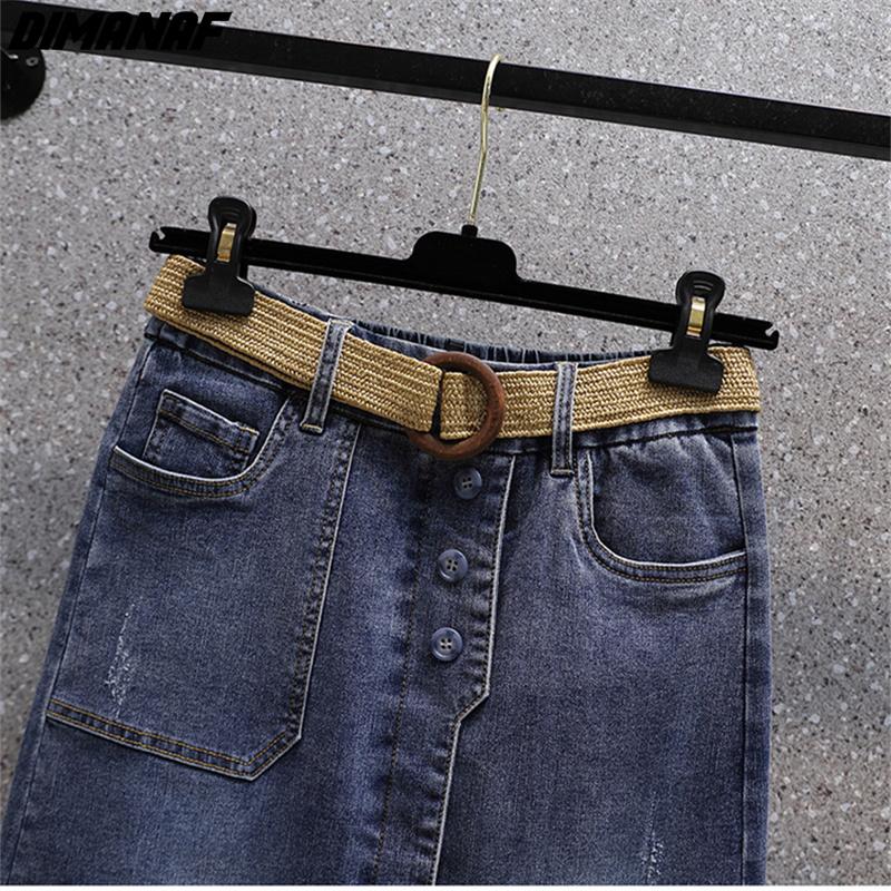 DIMANAF Plus Size Summer 2026 Lady Denim Skirts Women Clothing Blue Fashion A-Line Jeans Skirt Belt Waist