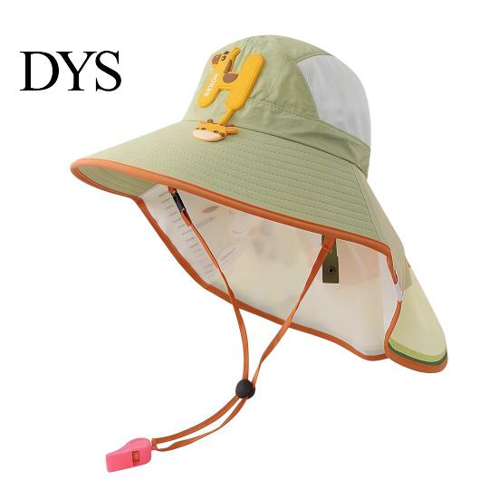 Kids Foldable Camping Hat Summer Sun for Boys Girls, Breathable Mesh Wide Brim Cap with Neck Accessories Flap, Adjustable Strap & Whistle, UV