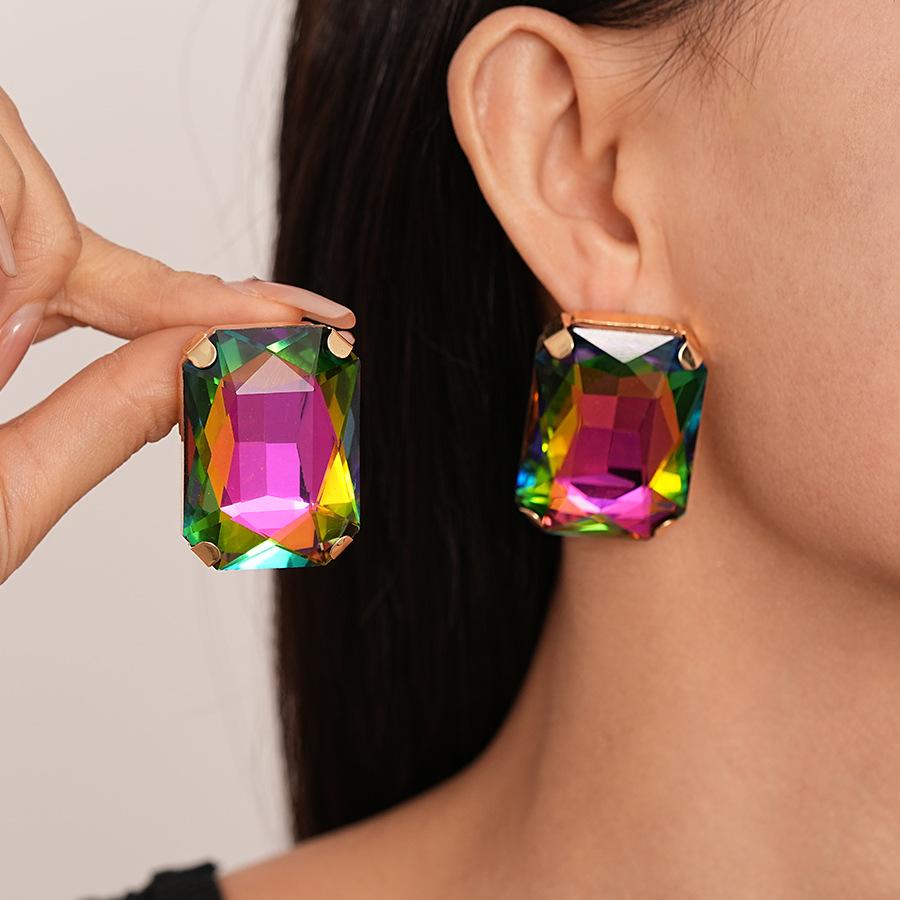 Exaggerated Inlaid Rhinestone Earrings Jewelry Set Square Necklace for Women Wedding Party Accessories