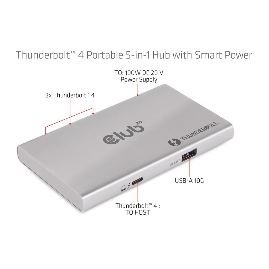Club 3D Thunderbolt 4 40Gbps Přenosný Hub DisplayPort 4K60Hz 8K30Hz USB USB 10Gbps Chytré Napájení 60W 5-v-1 Type-C Type-A (CSV-1580)