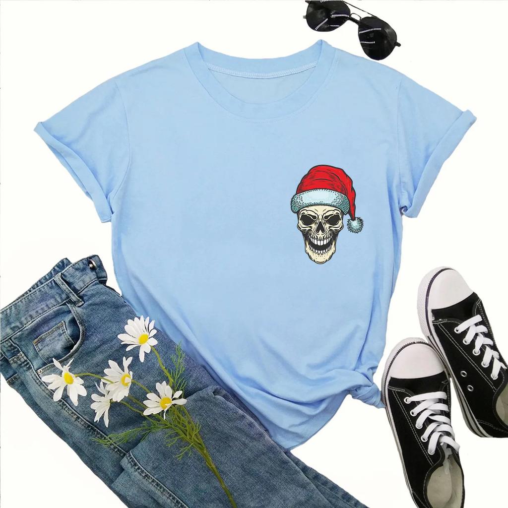 Funny Christmas Skull Head Print T Shirt Women Short Sleeve O Neck Loose Tshirt Women Causal Tee Shirt Tops Camisetas Mujer