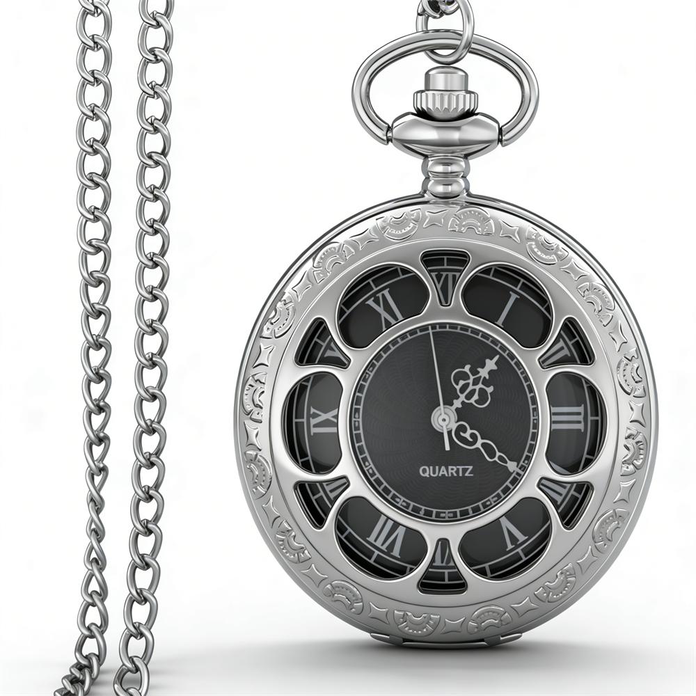 

Vintage Retro Popular Silver Pocket Watch Hollow Skeleton Roman Numerals Quartz Pendant Necklace Watch for Women Men CF1573 серебряный