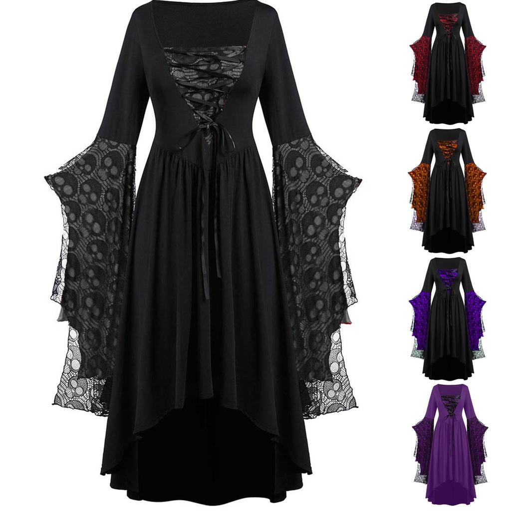 Kvinner Europeisk Retro middelaldersk domstolstil Halloween Cosplay-kostyme Voksen Skull Strap Dress Up Festantrekk
