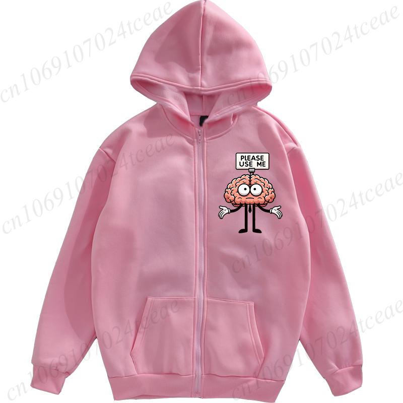 Harajuku Zip Up Hoodies Girl Hooded Sweatshirts Funny Please Use This Your Brain Sarcasm Women Pullovers Pocket Tops Streetwear