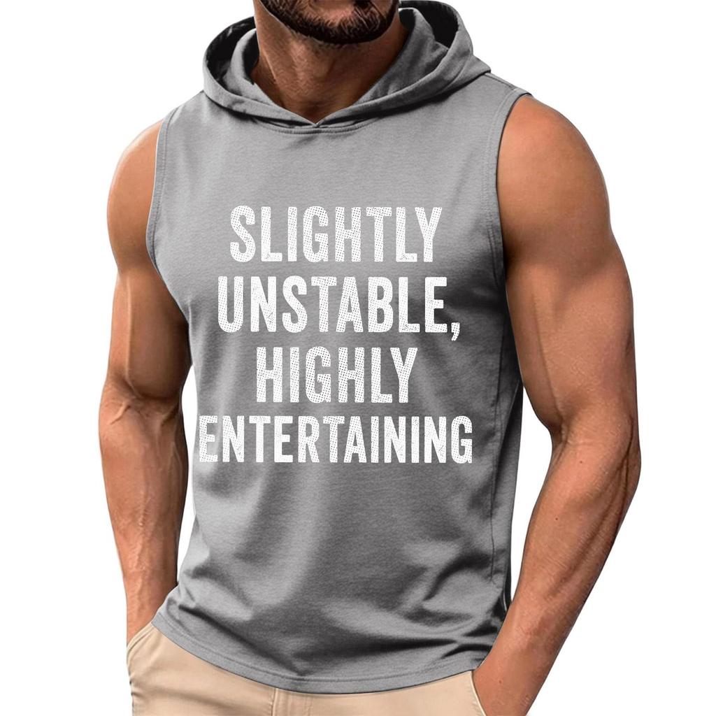 Men Sleeveless Hoodie Tank Top Casual Loose Fit Summer Muscle Shirt Printed Text Graphic Comfortable Lightweight