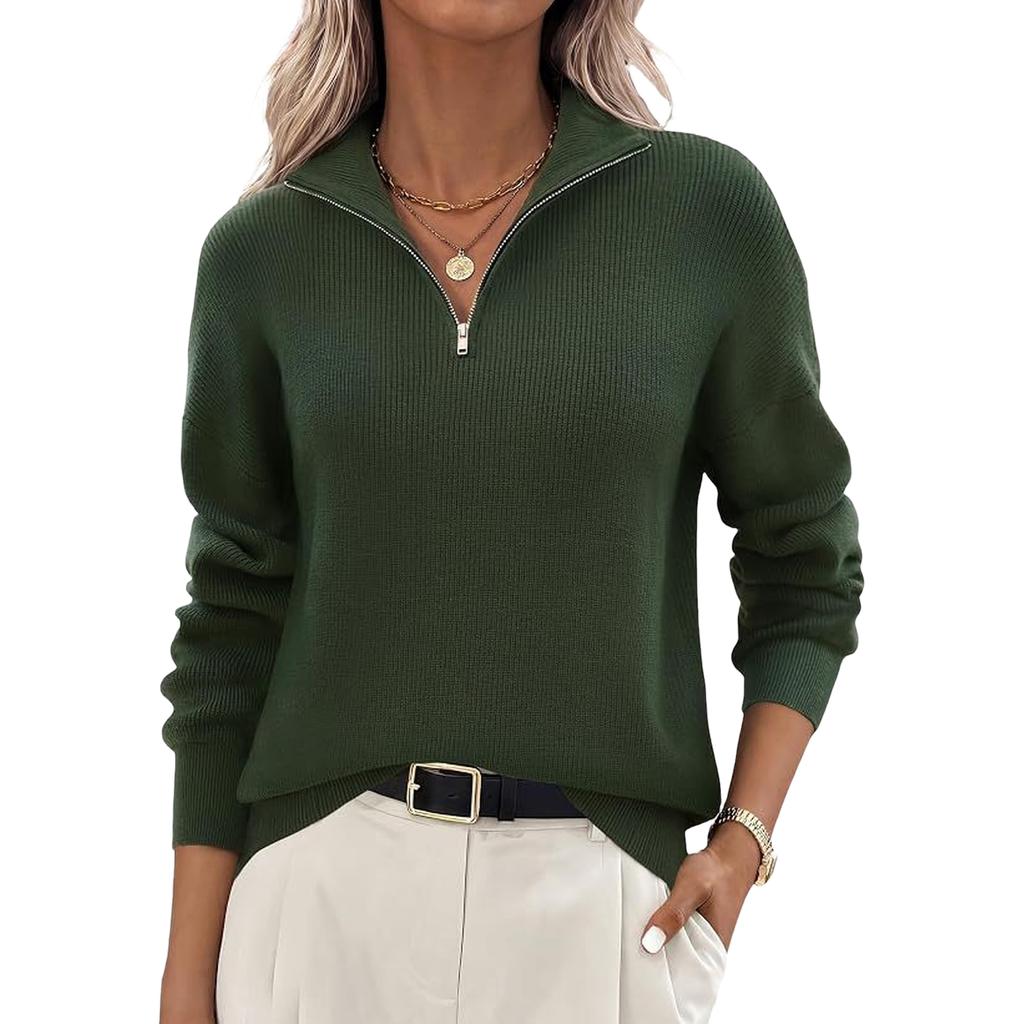 Women's Half Zip Knit Long Sleeve Pullover Sweater for Fall and Winter
