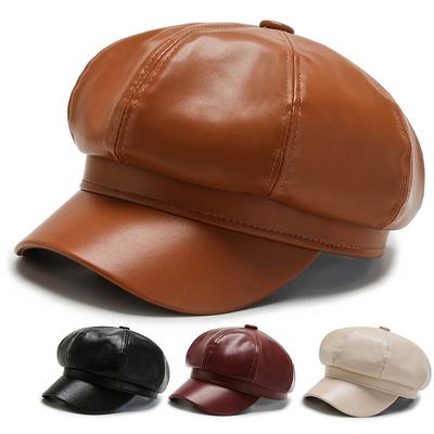 Automne et Hiver Tendance PU Cuir Chapeau Octogonal Béret Extérieur Coupe-vent et Chaud Chapeau de Soleil Casquette de Baseball Décontractée et à la Mode