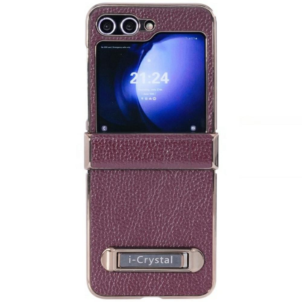 For Samsung Galaxy Z Flip6 5G Case Electroplated Leather+PC Phone Cover with Invisible Kickstand