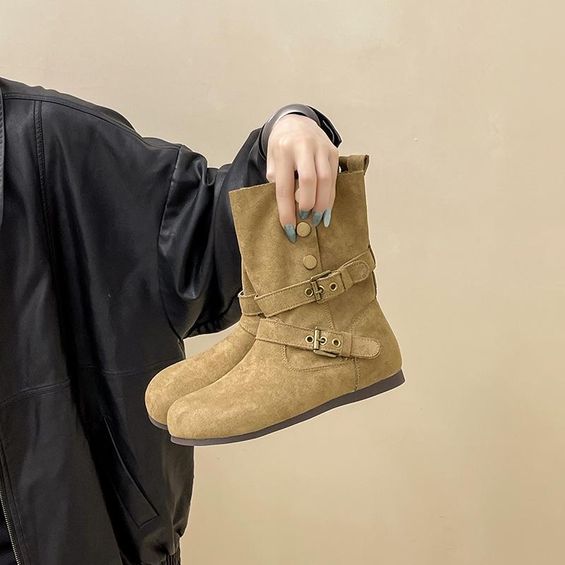 Retro two-wear medium boots Western cowboy fashion boots Women's autumn and winter simple and comfortable casual flat Martin boots