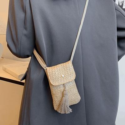Weaving Woman Phone Pouch Long Tassel Woven Beach Bag Casual Straw Woven Handbag  Female