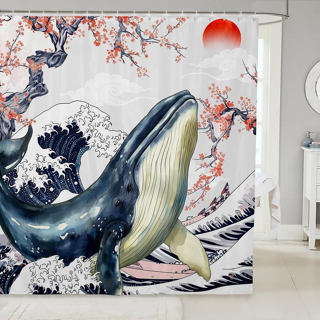 Cartoon Lion Shower Curtain for Kids Boys Girls Japanese Style Waterproof Bathroom Curtain, Vintage Ukiyoe Bath Curtain Ocean