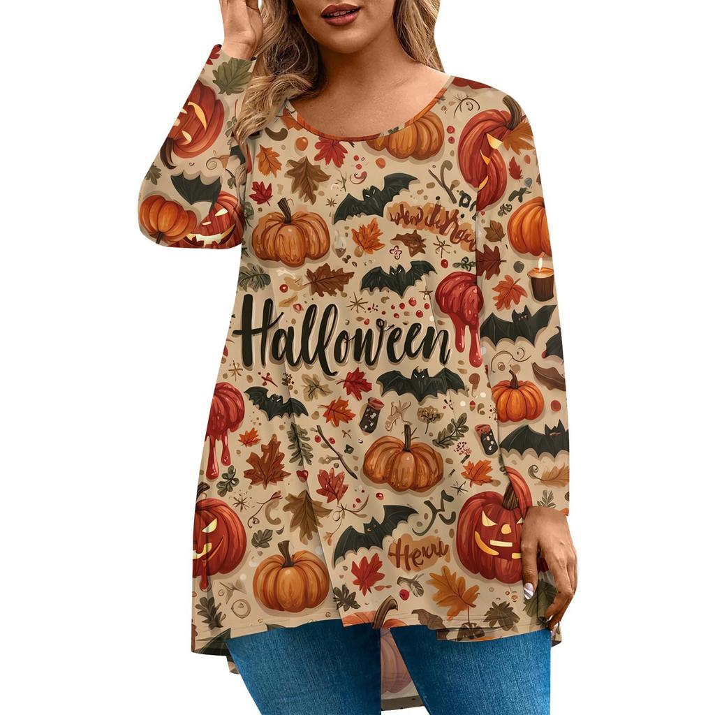 Women's Fashion Large Size Round Neck Long Sleeve Casual Halloween Print Loose Pullover Top