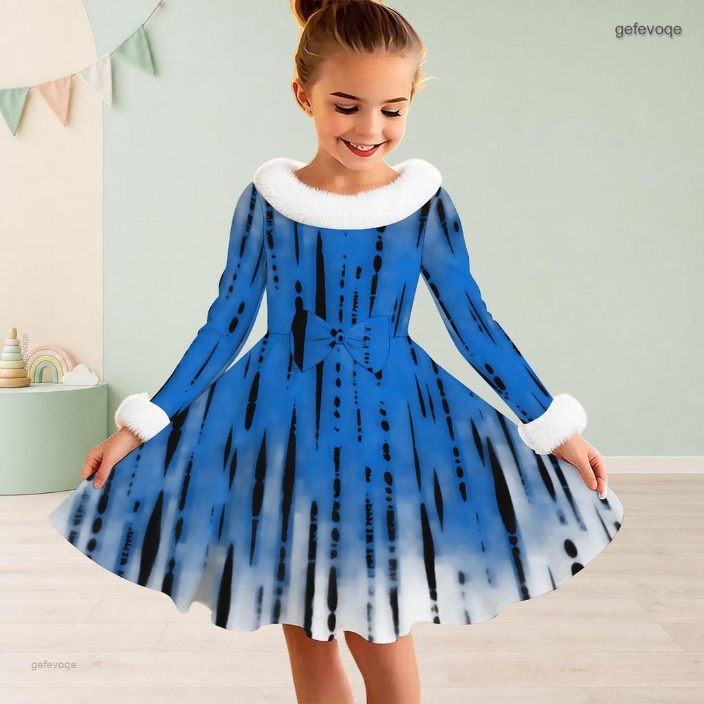 Meisjes Jurk met Hoge Hals, Lange Mouwen, Print, A-lijn, Uitlopend, met Taille Strik en Kunstbontrand