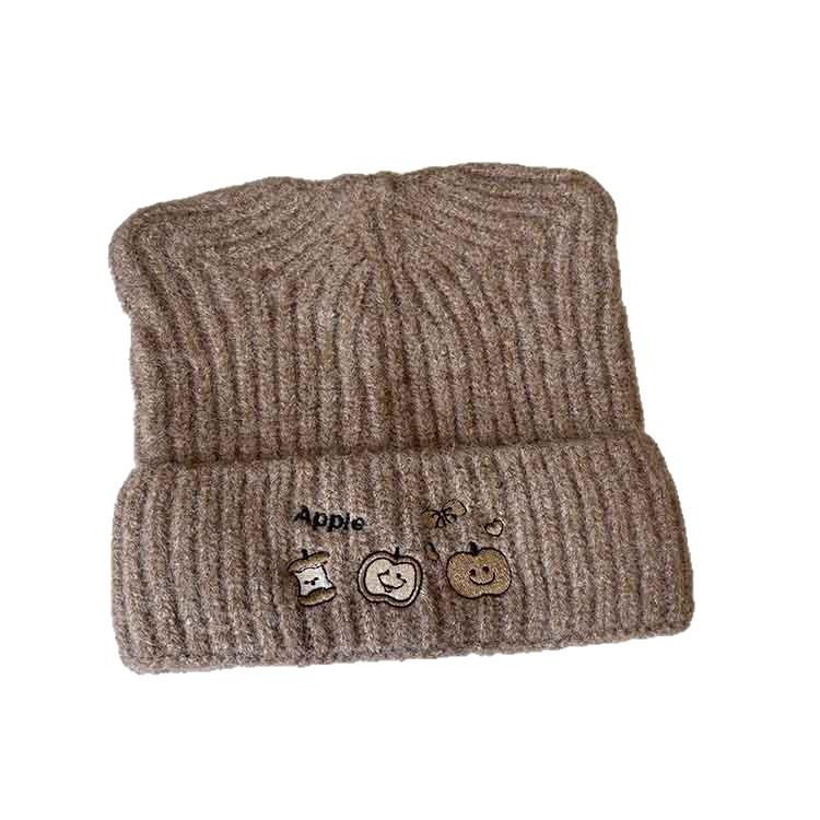 Autumn and winter cute embroidered apple knitted hat student thickened warm ear protection pullover hat women's versatile wool hat