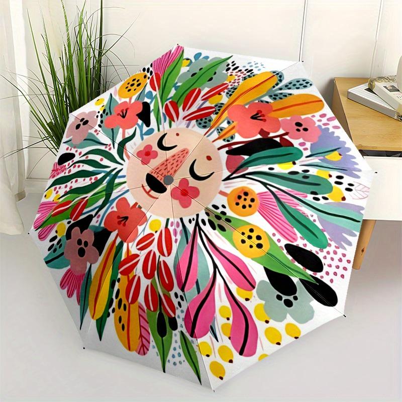 1pc Floral Mandala Automatic Folding Umbrella - 8-Rib Iron Frame, Windproof, Portable Sunshade with Plastic Handle for Travel & Outdoor Acti