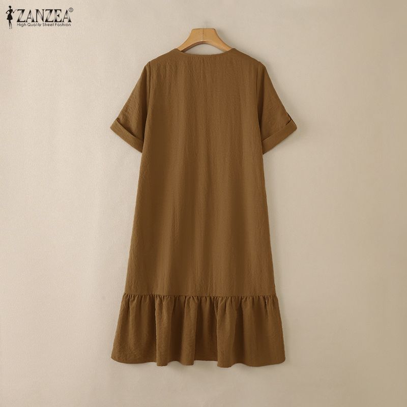 ZANZEA Women Casual Round Neck Loose Ruffles Hem Solid Color Half Sleeve Dress