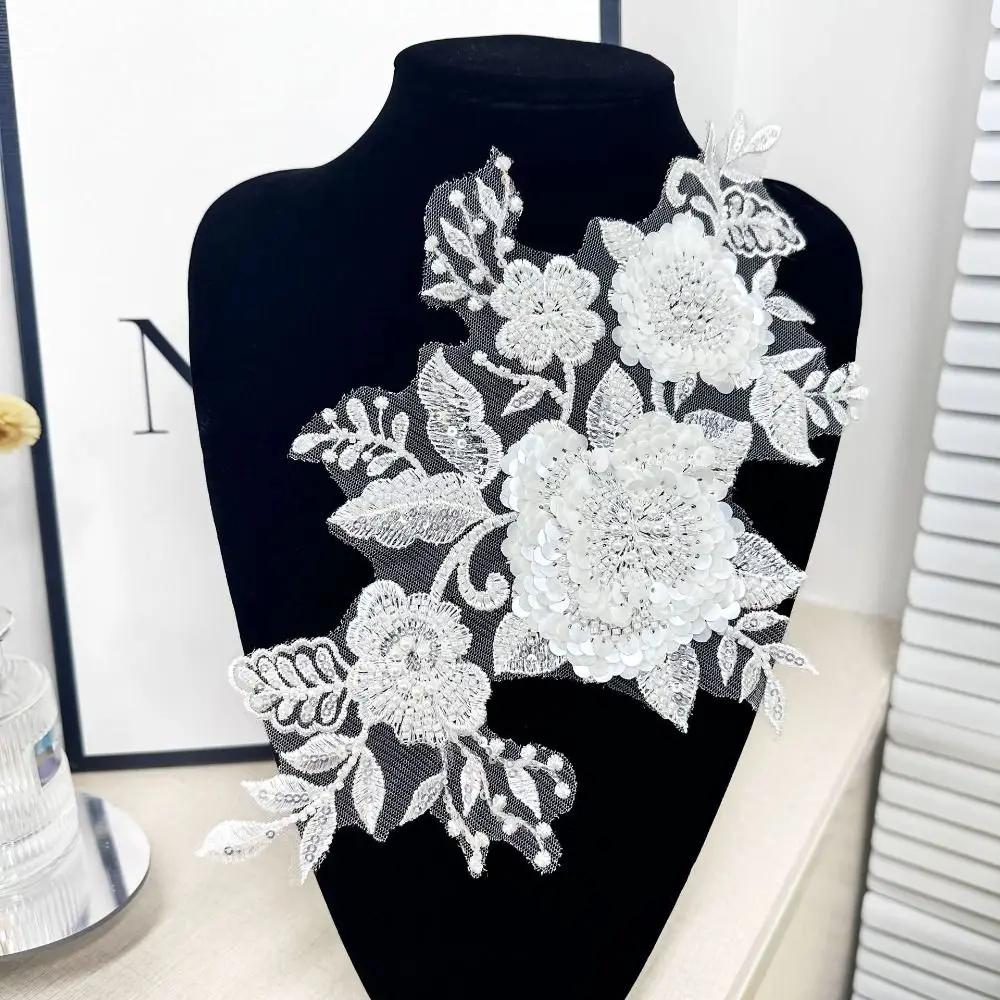 2PCS Exquisite Lace Fabric Pearls Embroidery Applique DIY Crafts Sequin Cloth Patch Handmade Cloth Applique Sewing