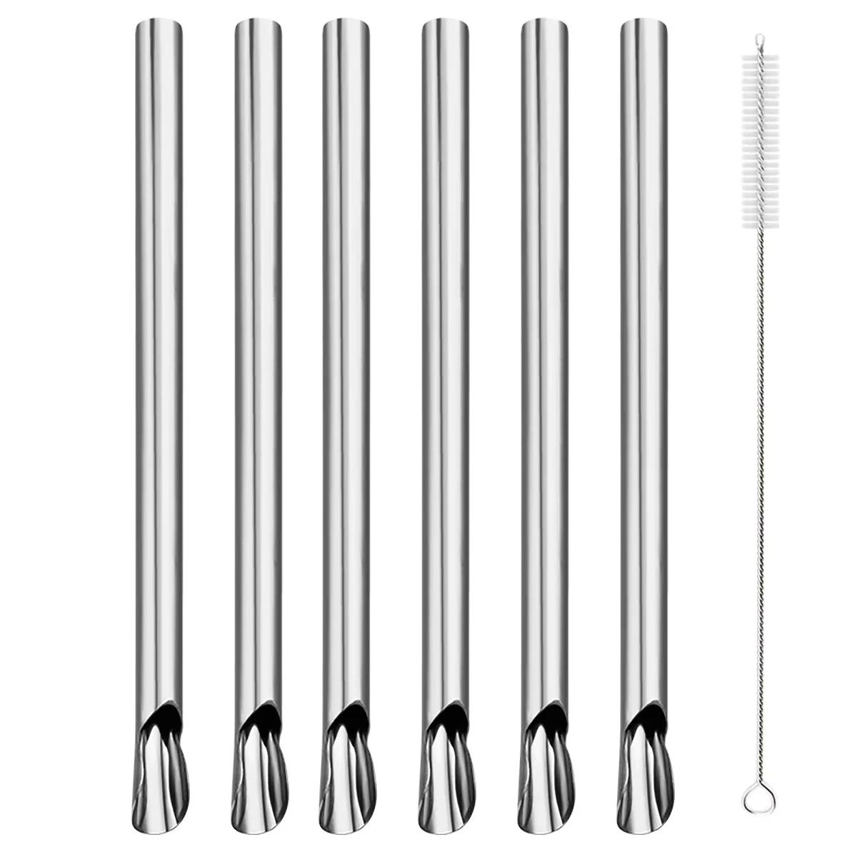 

6pcs Metal Stainless Steel Straw Reusable Pearl Milkshake Bubble Tea Straws with Brush Stirring Smoothie Spoon Shaped Straw Set