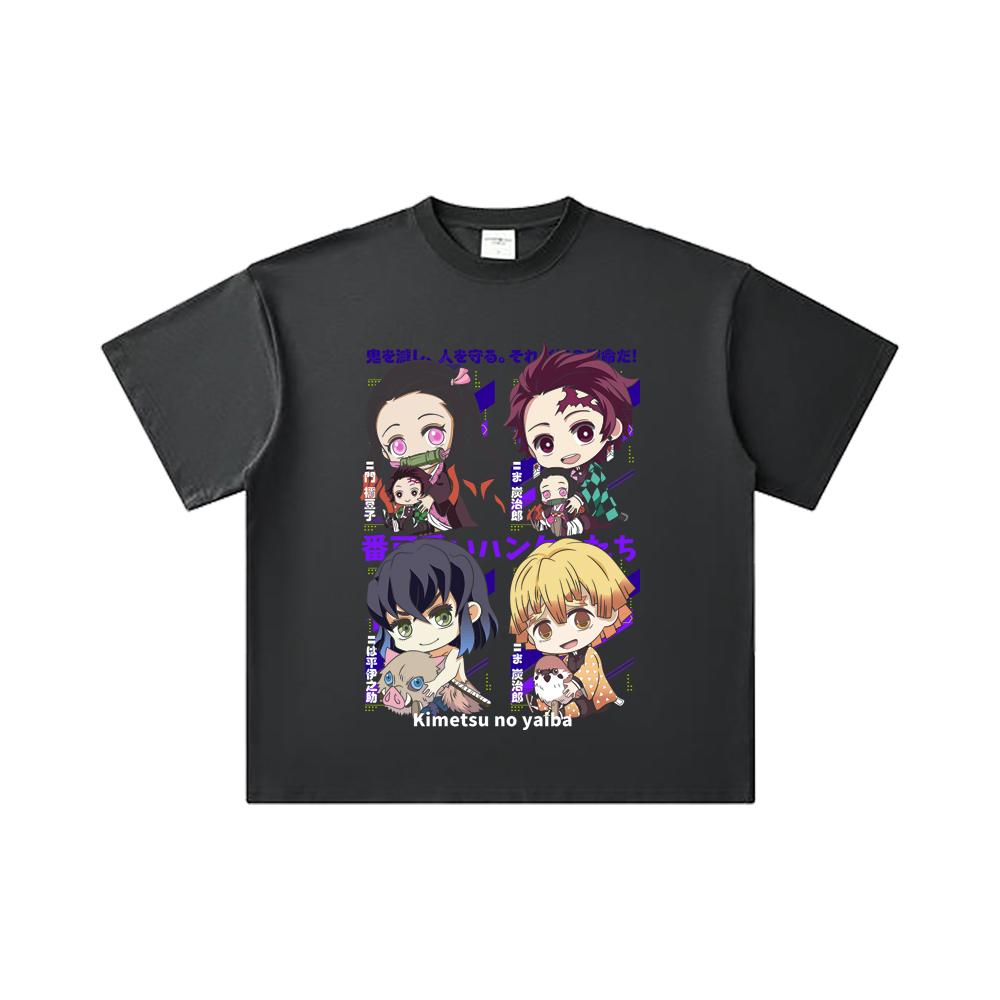 Camiseta Unissex de Algodão Pesado 260 GSM Fio Duplo 32 Contagem 100% Algodão Demon Slayer V80 Hashiras Estampa Chibi