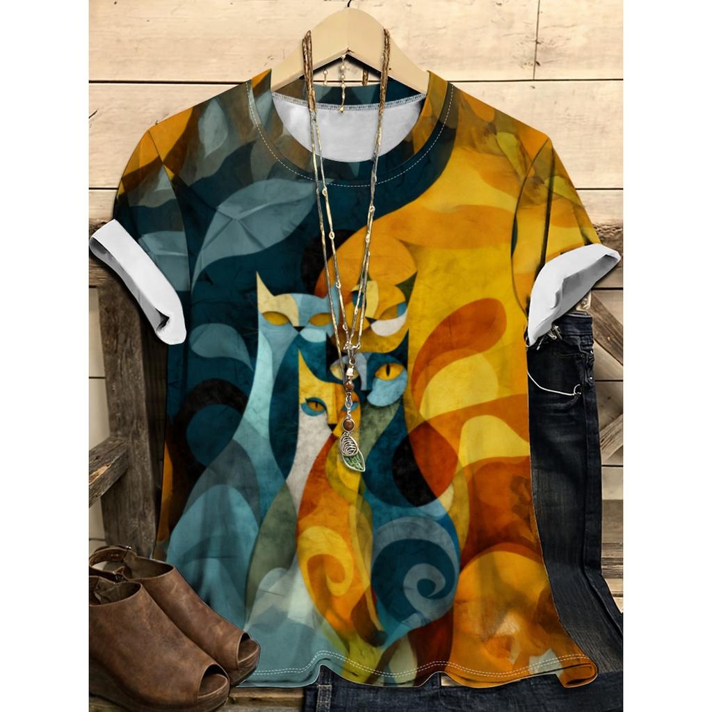 Summer Round Neck Cartoon Cat Pattern 3D Print Top Fashionable Casual Short Sleeved Women's T-shirts