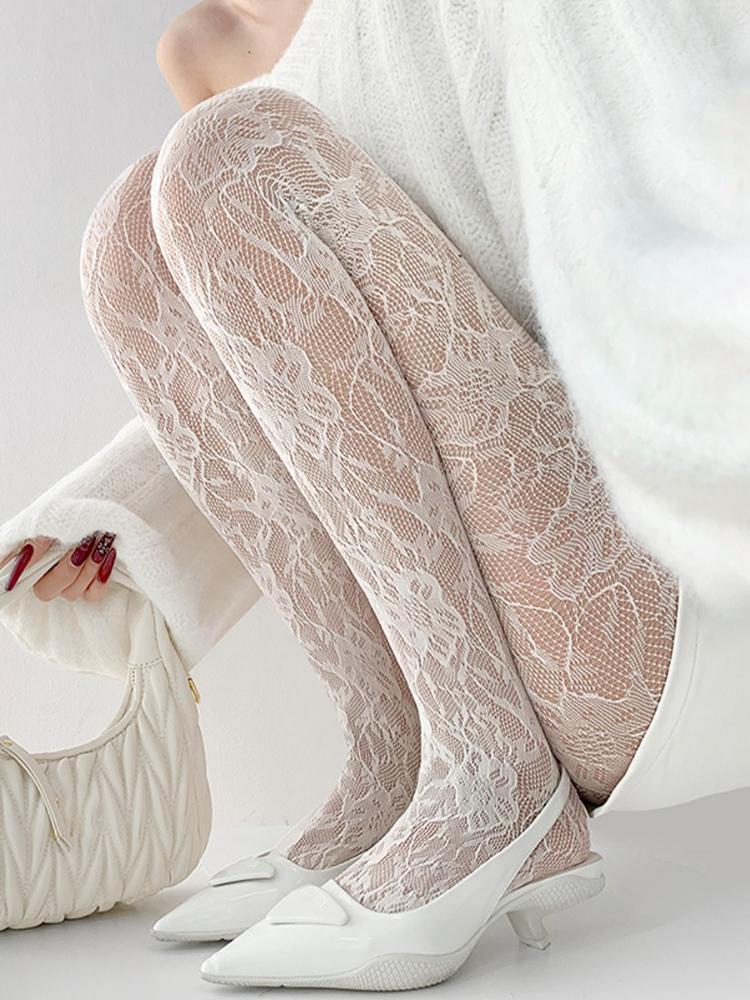 

Femme Summer Thin Flower Mesh Pantyhose Elastic Slimming High Waist Hollow Out Tights White Socks Women Sexy Fishnet Stockings One Size