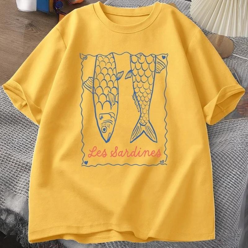 Fashion Sardine Tshirt Aesthetic Fish Tshirt Summer Shortsleeved Coast Tshirt Ocean Womens Casual Wear Tshirt Graphic YK