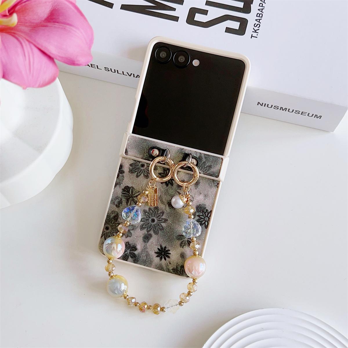 

Чохол для Samsung Galaxy Z Flip7 5G з блискітками та квітковим візерунком, TPU+PC, з ремінцем-браслетом з бісеру