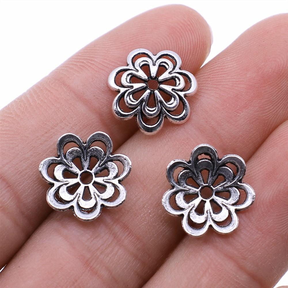 50pcs Tibetan Antique Silver Color Flower Bead End Caps For Jewelry Making Findings Needlework DIY Accessories Wholesale