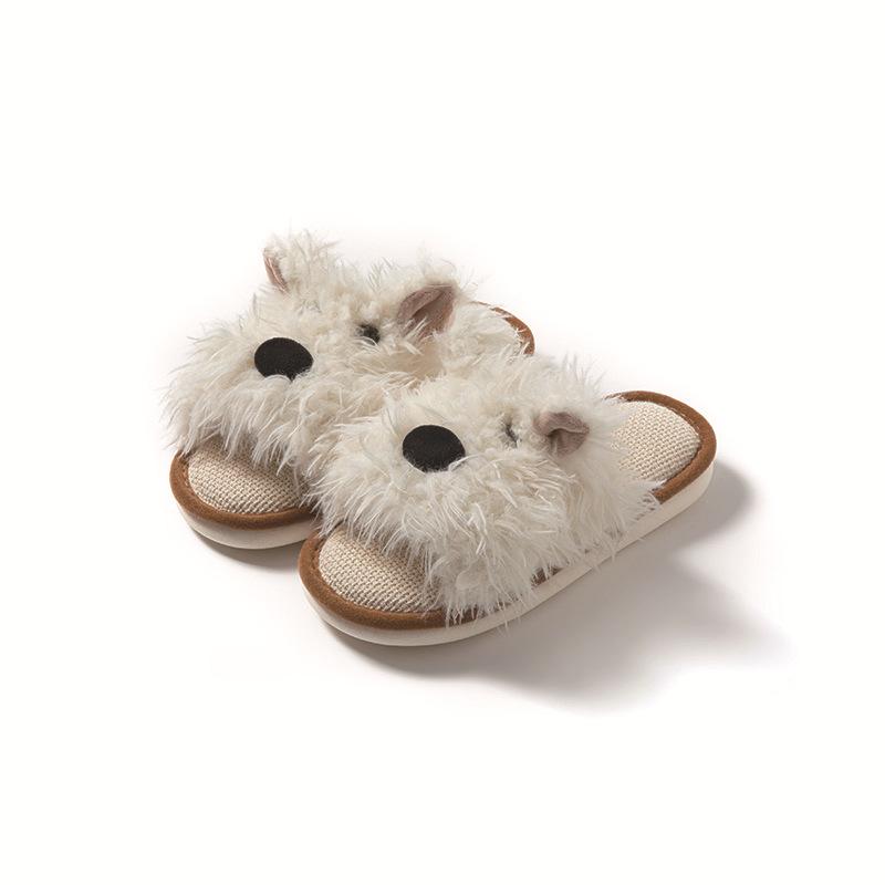Open Puppy Cotton and Linen Slippers Cartoon Contrasting Colors Fluffy Breathable Cute Cotton Slippers