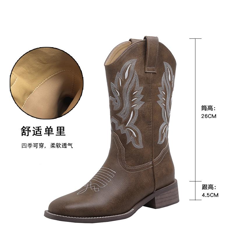 

Женские осенне-зимние ретро вышитые ковбойские сапоги западного стиля женские сапоги средней высоты на толстом каблуке с V-образным вырезом, майярдово-коричневые сапоги для верховой езды 39