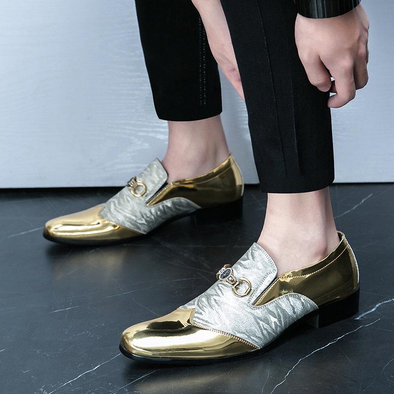 British style Shiny Golden Men's Dress Shoes Pointed Toe Leather Chelsea Formal Shoes for Men Designer Luxury Party Wedding Shoe