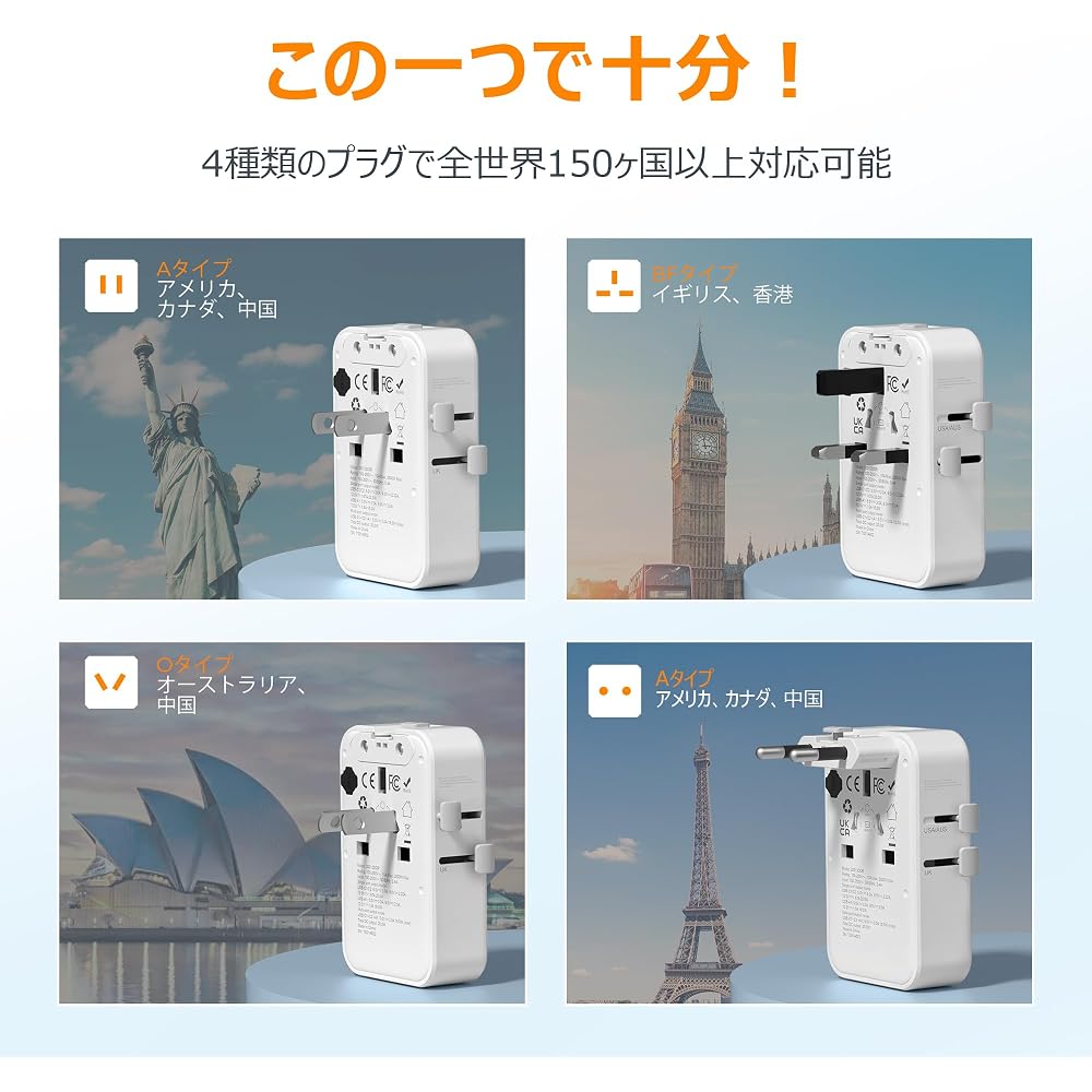 TESSAN conversion plug, compatible worldwide (4-in-1, 20W), overseas travel outlet adapter, C/BF/...