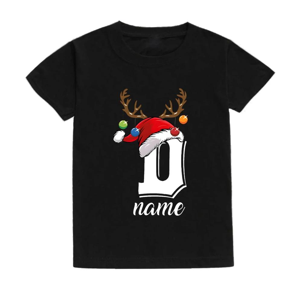 Christmas Kids T Shirt Initial with Name Child Clothes Tops Boy Girl Xmas Party Outfits Children Holiday T-shirt