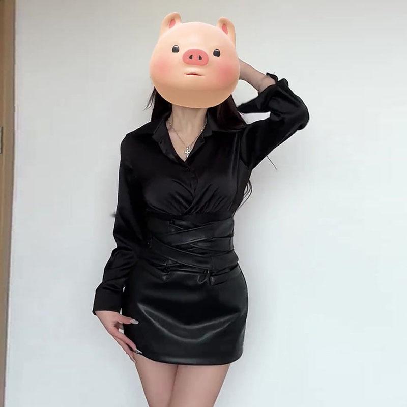 Women's Plus Size Black PU Leather Bodycon Mini Skirt - High-End Spring/Autumn Style with Ant Waist Design