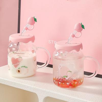 Creative and Cute Peach Straw High Borosilicate Glass Cup Summer New High Appearance Level Ins Style Milk Cup