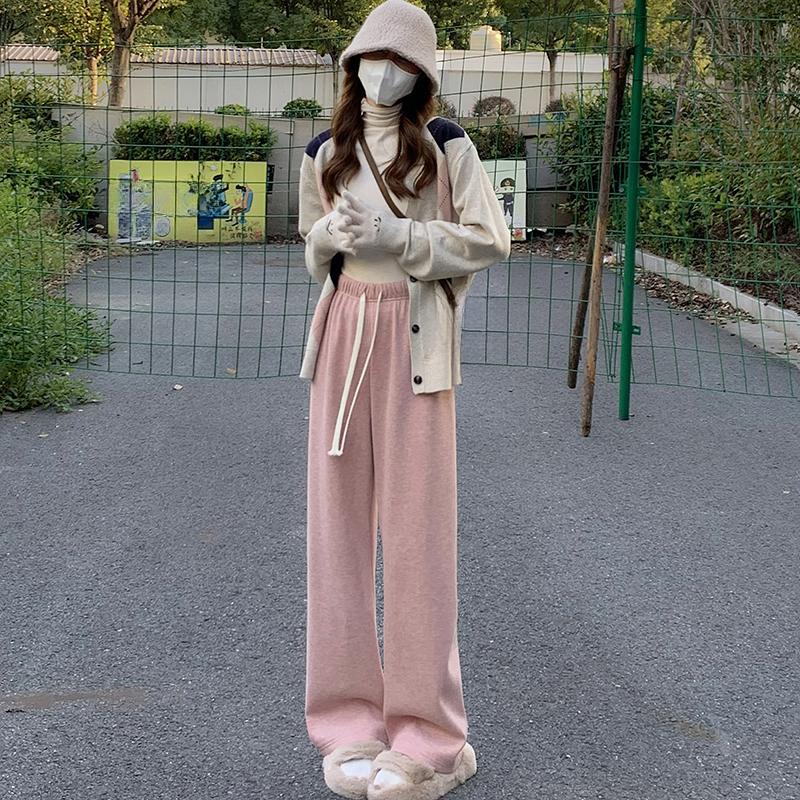 Fashion Thick Solid Casual Loose Wide Leg Pants Women Autumn and Winter High Waist Elegant Office Ladies Trousers Vintage Simple Straight Pants 25680