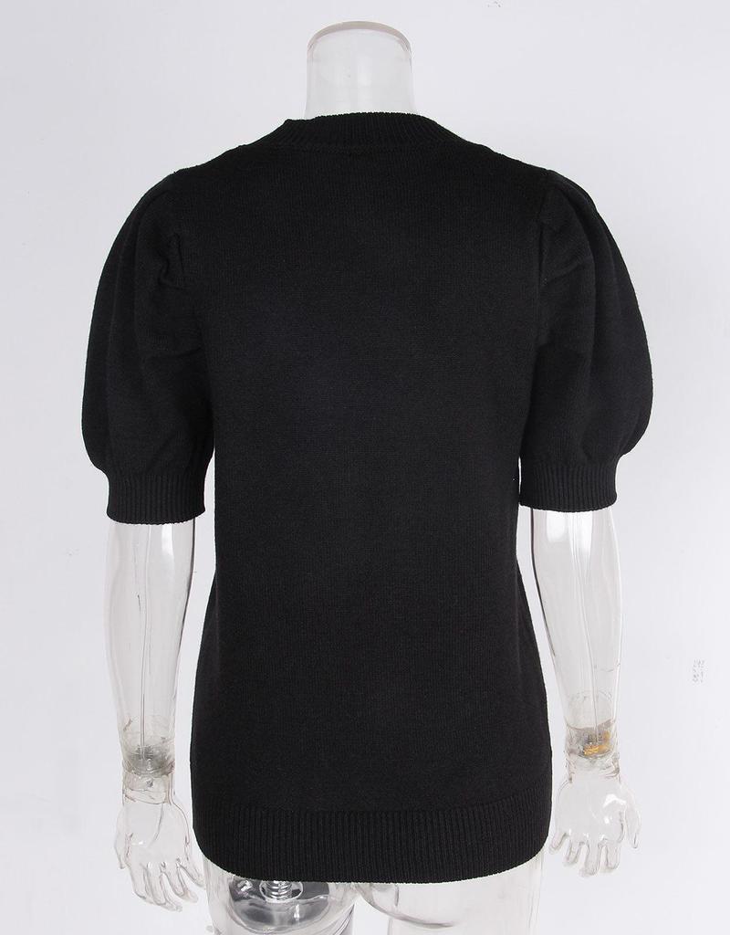 Halloween Women's Slim Fit Pumpkin Smile Knit Top - Short Sleeve Round Neck Sweater